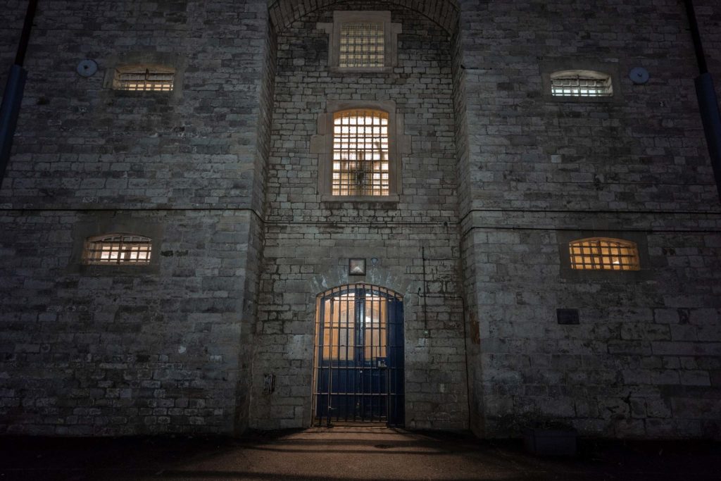 HMP Shepton Mallet exterior at night